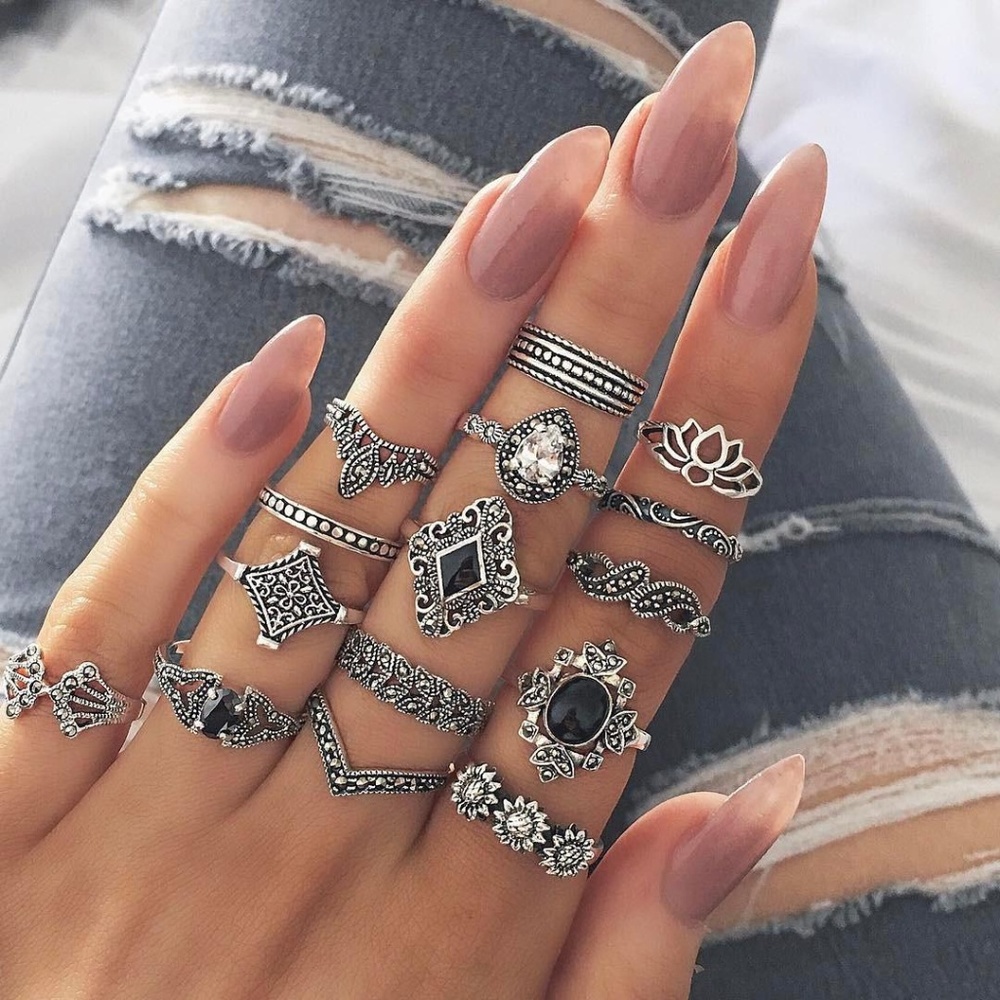 Boho Vintage 15 piece Silver Ring Set